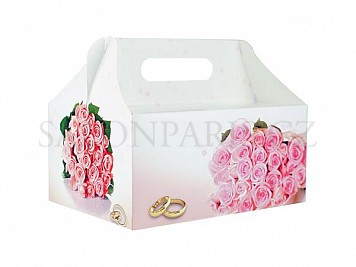 Krabička na svatební výslužku – kytice růží a prsteny